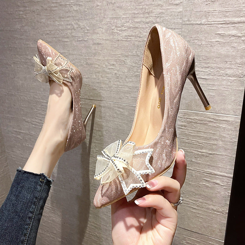 Flats french champagne color wedding shoes fall and winter women's bridal shoes 2025 new arrival hexiu wedding dress two-wear engagement high heels