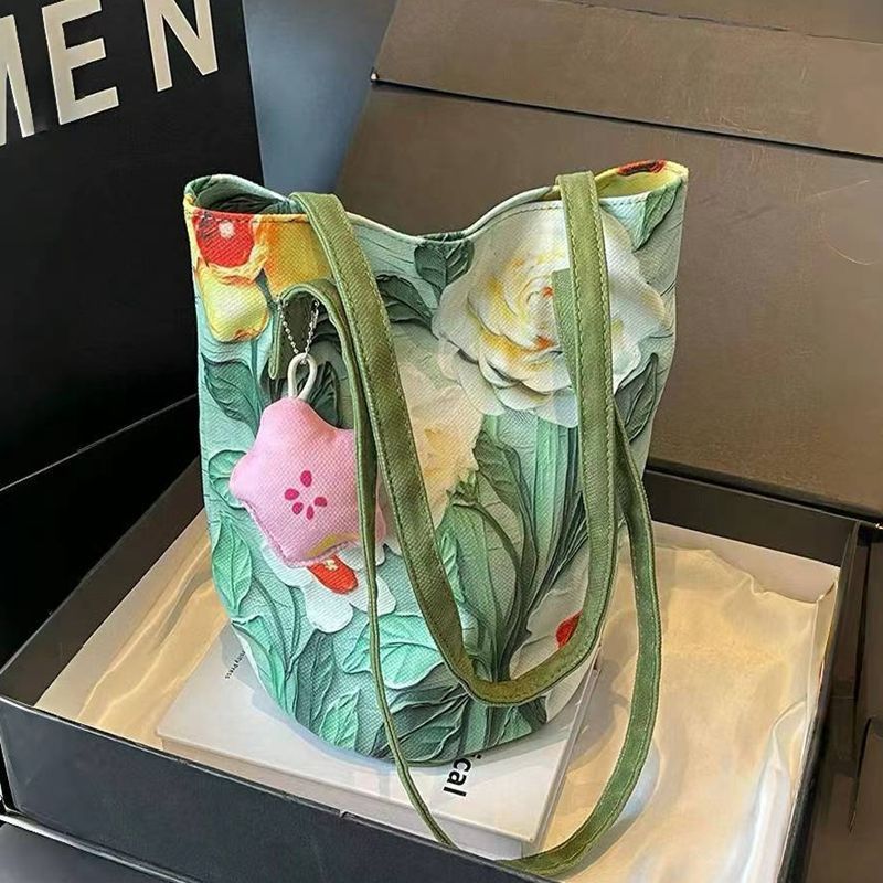 2024 new oil painting floral niche high-end shoulder bag, versatile, large capacity commuter bucket bag for women - stunning design