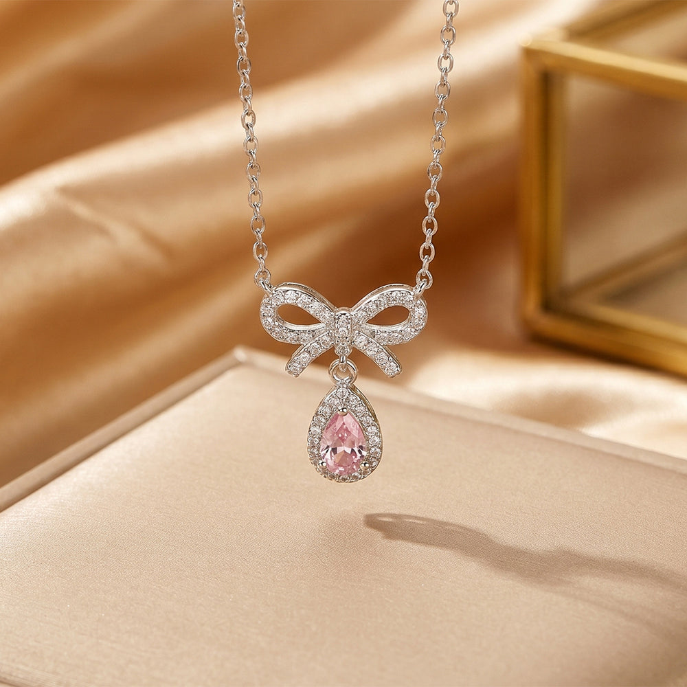 Popular popular smart sweet bow water drop necklace accessible luxury niche women's inlaid zirconium non-fading clavicle chain jewelry