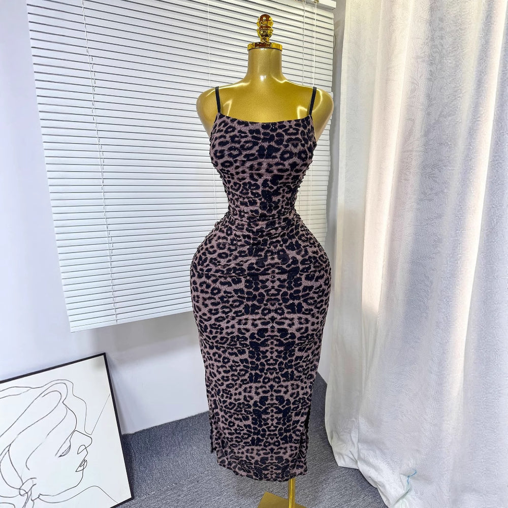 european and american women's clothing  sexy slip dress - cinched waist, bodycon, leopard print, slimming dress