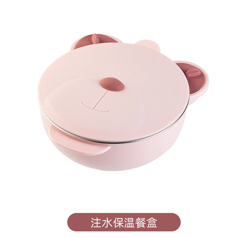 Wholesale stainless steel kids' meal set: baby suction plate, insulated water-filled bowl, divided plate, and weaning food utensil set