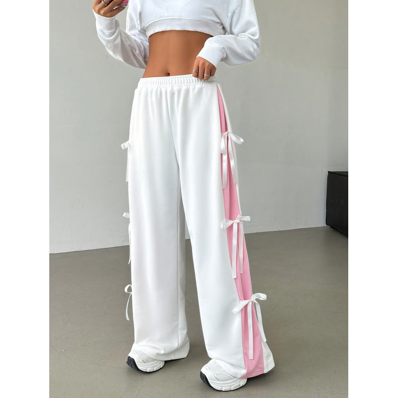 european and american style women's spring/autumn elastic waistband color-blocked straight-leg casual white athletic pants with bow detail