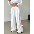 european and american style women's spring/autumn elastic waistband color-blocked straight-leg casual white athletic pants with bow detail