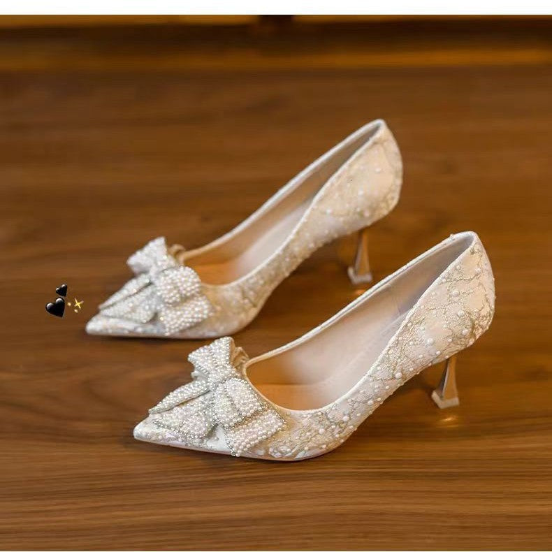 High-heeled shoes bows2026new arrival xiuhe wedding dress two-wear wedding shoes beautiful pearl stiletto flats women's shoes that don't tire your feet