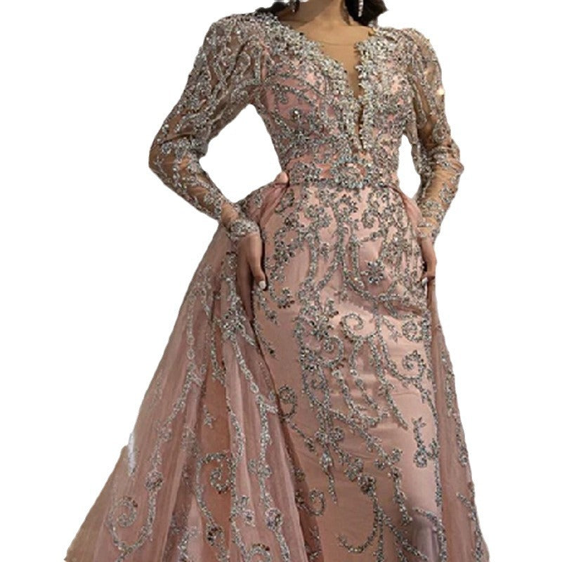 new european and american cross-border women's fashion  dress - sexy v-neck long sleeve gold-sprinkled train evening gown