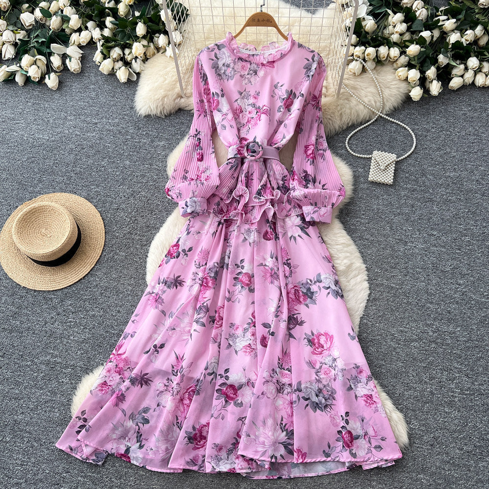 French chic floral slim-fit printed dress - women's summer tie-waist a-line maxi dress - vacation style, slimming design