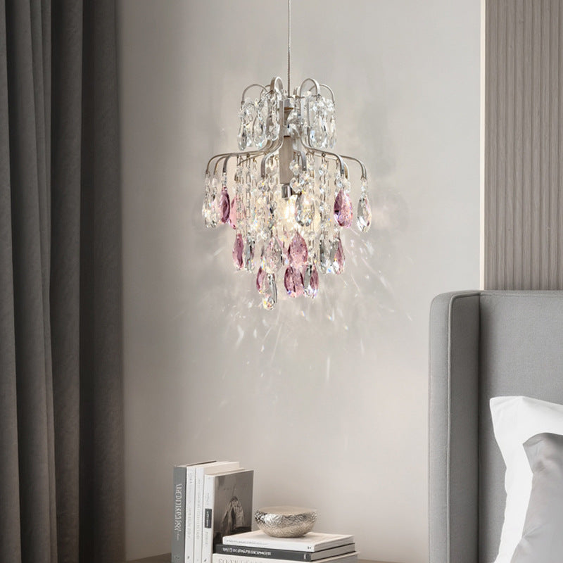 French retro cream white crystal teardrop mini pendant light - cream style for bedroom, bedside, entryway, bay window, and homestay