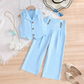 kidssuit sky blue lapel sleeveless open lining suit pants girl summercasualtwo-piece set