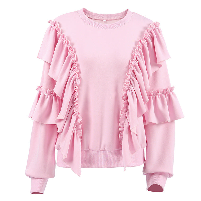 Design ruffle edge American sweater 2025 spring street pink round neck long sleeve pullover loose women's clothing