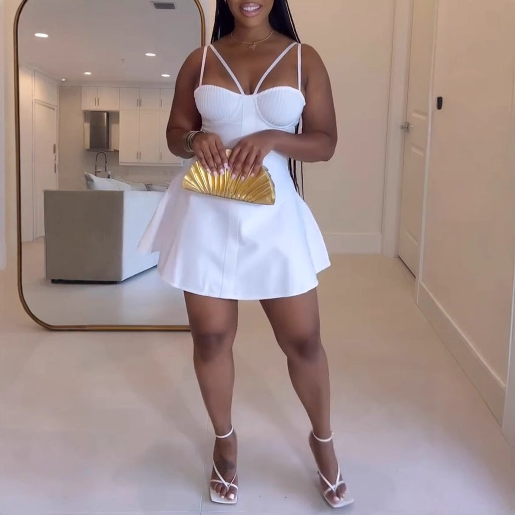 S10908 European and American sexy suspender waist splicing micro-pull mini dress