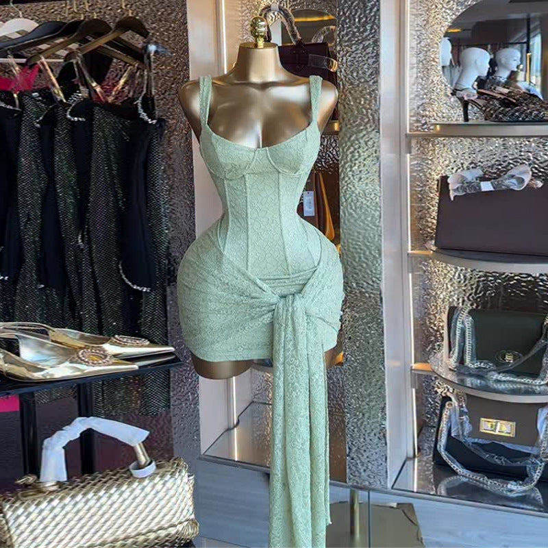European and american cross-border women's fashion:  autumn new arrivals - sexy, elegant, solid color lace bodycon slip dress