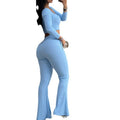 european and american autumn/summer chic u-neck button-down top with cropped sleeves and high-waisted flare pants set featuring a waist-cropped design and pocket details