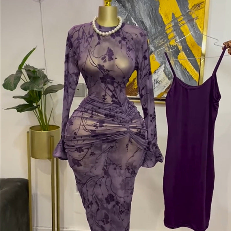 European and american cross-border women's fashion:  autumn new sexy purple print see-through bodycon dress with camisole two-piece set