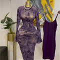 European and american cross-border women's fashion:  autumn new sexy purple print see-through bodycon dress with camisole two-piece set