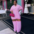 European and american cross-border women's fashion:  autumn new arrival - stylish turn-down collar pink striped double-breasted loose-fit shirt dress