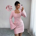 summer new arrival: black puff sleeve square neck tweed fitted waist vintage dress