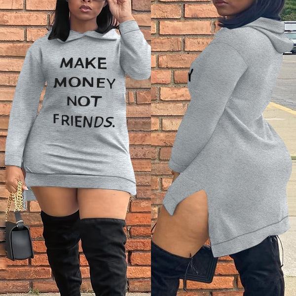Women's hooded long-sleeved letter split-ended short large-size sweater casual dress LPU297