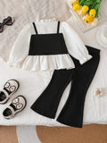 new autumn cross-border girls' elegant patchwork shirt + floral flare pants two-piece set