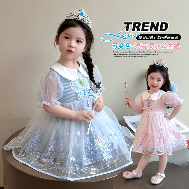 Girls' summer dress - stylish bubble sleeve mesh princess dress - frozen elsa style for little girls