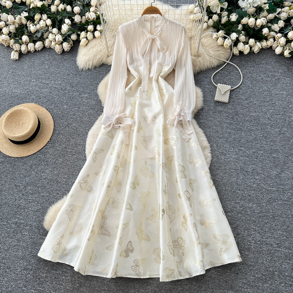 French chic butterfly print square neck dress - women's early spring outfit, high-waisted a-line skirt, figure-flattering, high-end style