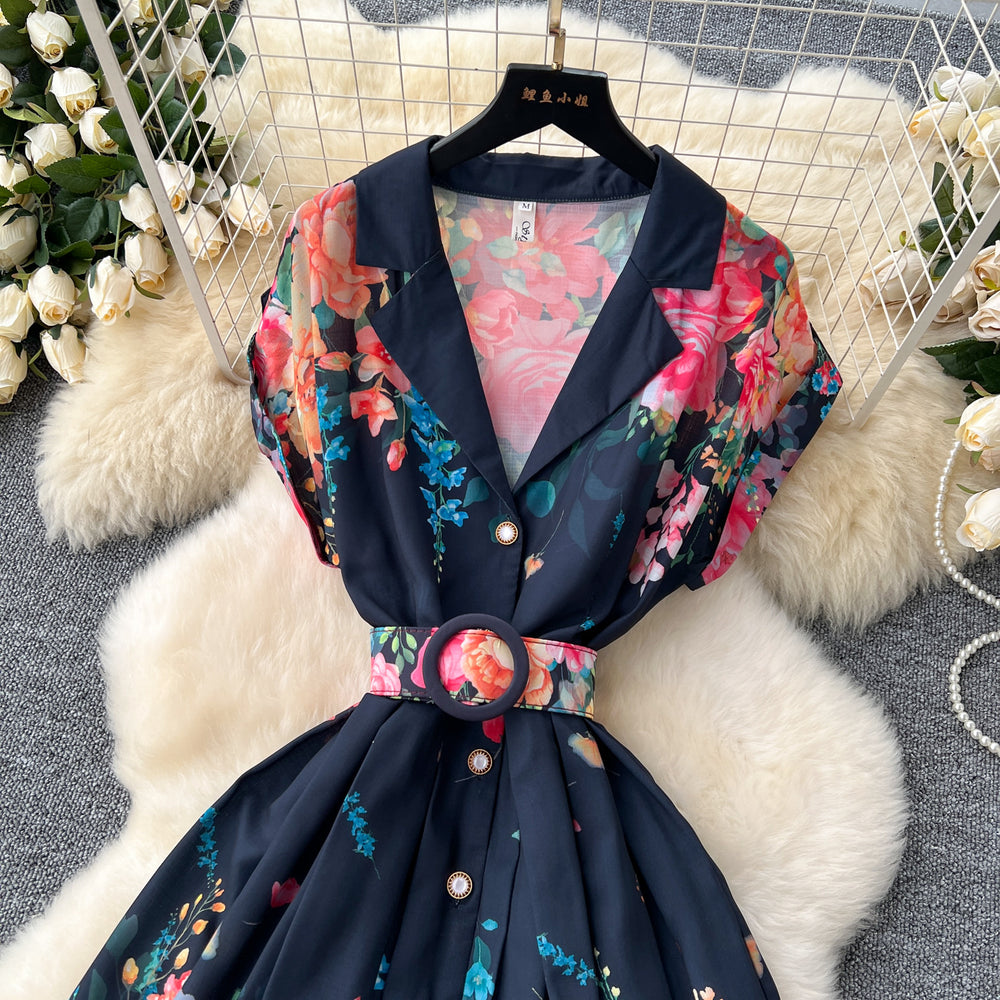 European and american retro dress women's summer new arrival - elegant, figure-flattering, single-breasted, collared, printed midi dress/gown