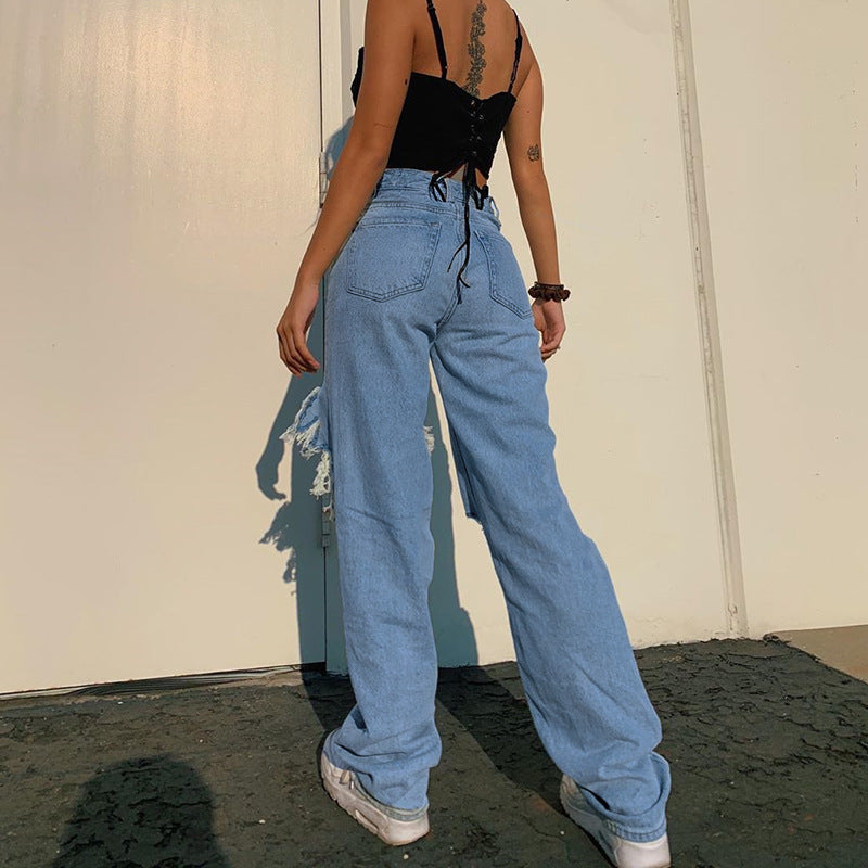 fashion cross-border summer new arrival loosestylish ripped straight-legcasual pants jeans for women