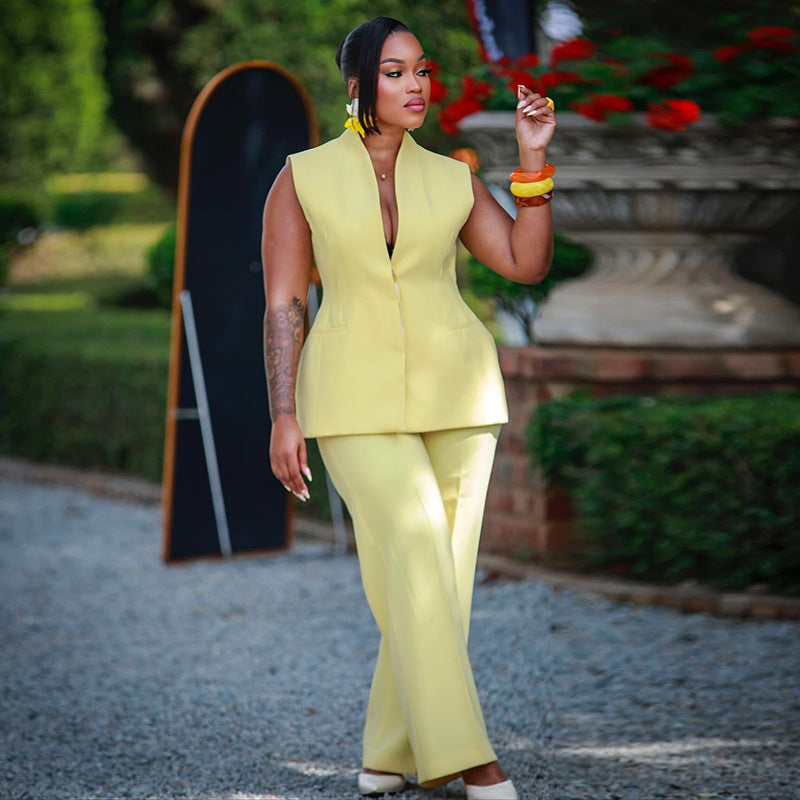 European and american women's clothing  autumn new collection: sweet and fresh v-neck sleeveless blazer top and high-waisted straight-leg pants two-piece set