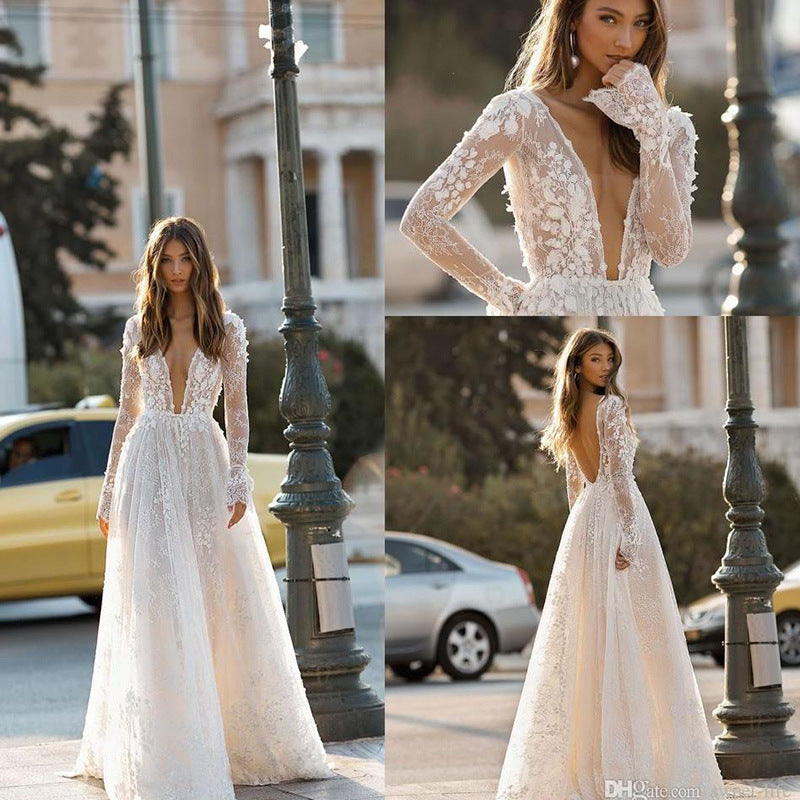 cross-border e-commerce women's wedding dress  sexy lace long sleeve vacation dress evening party gown spring
