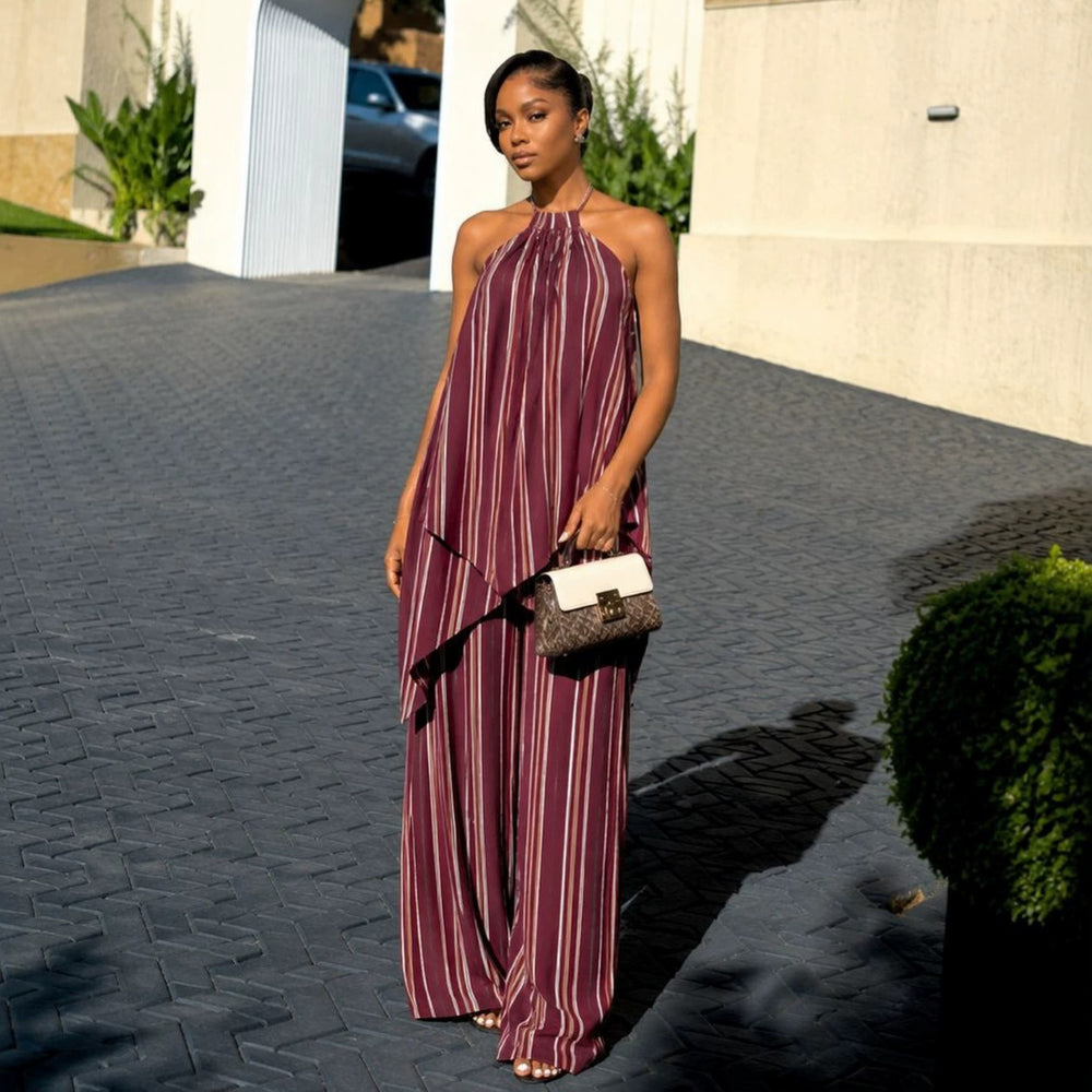 European and american cross-border women's fashion:  summer new collection - halter neck sleeveless striped irregular top and wide-leg pants set
