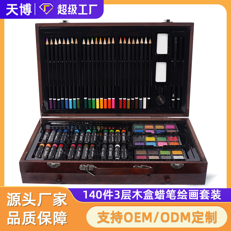 Brush wholesale, no dirty hands, crayon oil painting stick set 140 pieces wooden box, children's art painting color pencil set