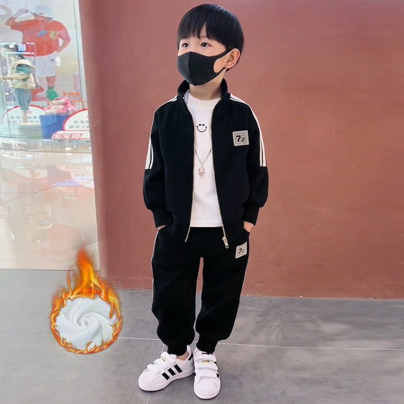 Boys' fall/winter  fleece-lined hoodie set - trendy and stylish two-piece outfit for older boys