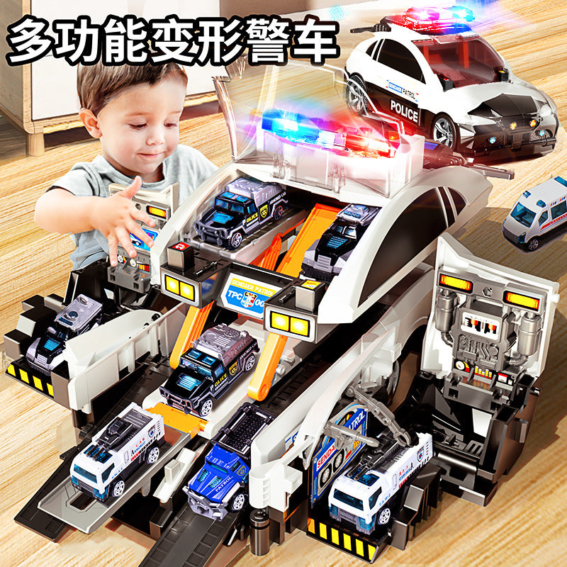 New children's storage scene fire police car deformation ejection track parking lot sound and light puzzle model toy car