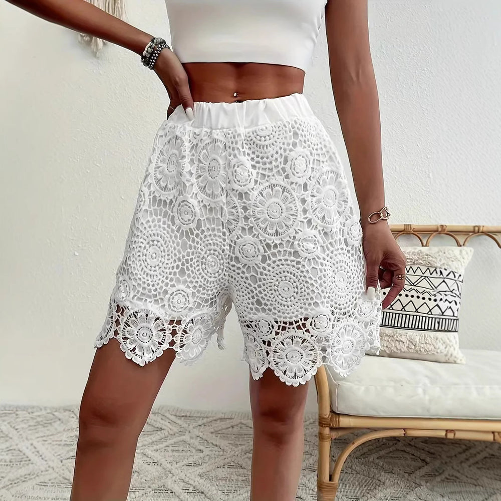 cross-border fashion: women's new lace-trimmed, versatile, mid-rise, solid color straight-leg shorts for  us & europe