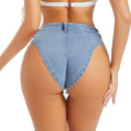 European and american style ultra-short denim hot pants for women - light blue washed high-waisted sexy triangle bikini bottoms, hot girl beach shorts
