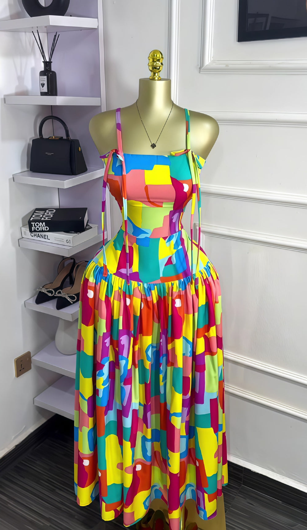 European and american cross-border women's fashion  autumn new sleeveless camisole bandeau printed ruched elegant long dress