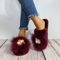 Furry slippers women's indoor and outdoor 2024 fall and winternew arrivalpopular flat heel pearl toe real hair heattech cotton slippers women
