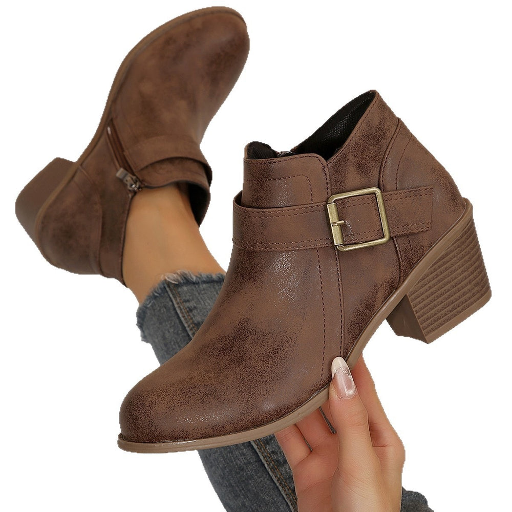 Plus size leather belted mid-heel ankle boots -  autumn new collection - pointed toe, side zipper, chunky heel, retro martin boots for women
