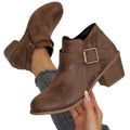 Plus size leather belted mid-heel ankle boots -  autumn new collection - pointed toe, side zipper, chunky heel, retro martin boots for women