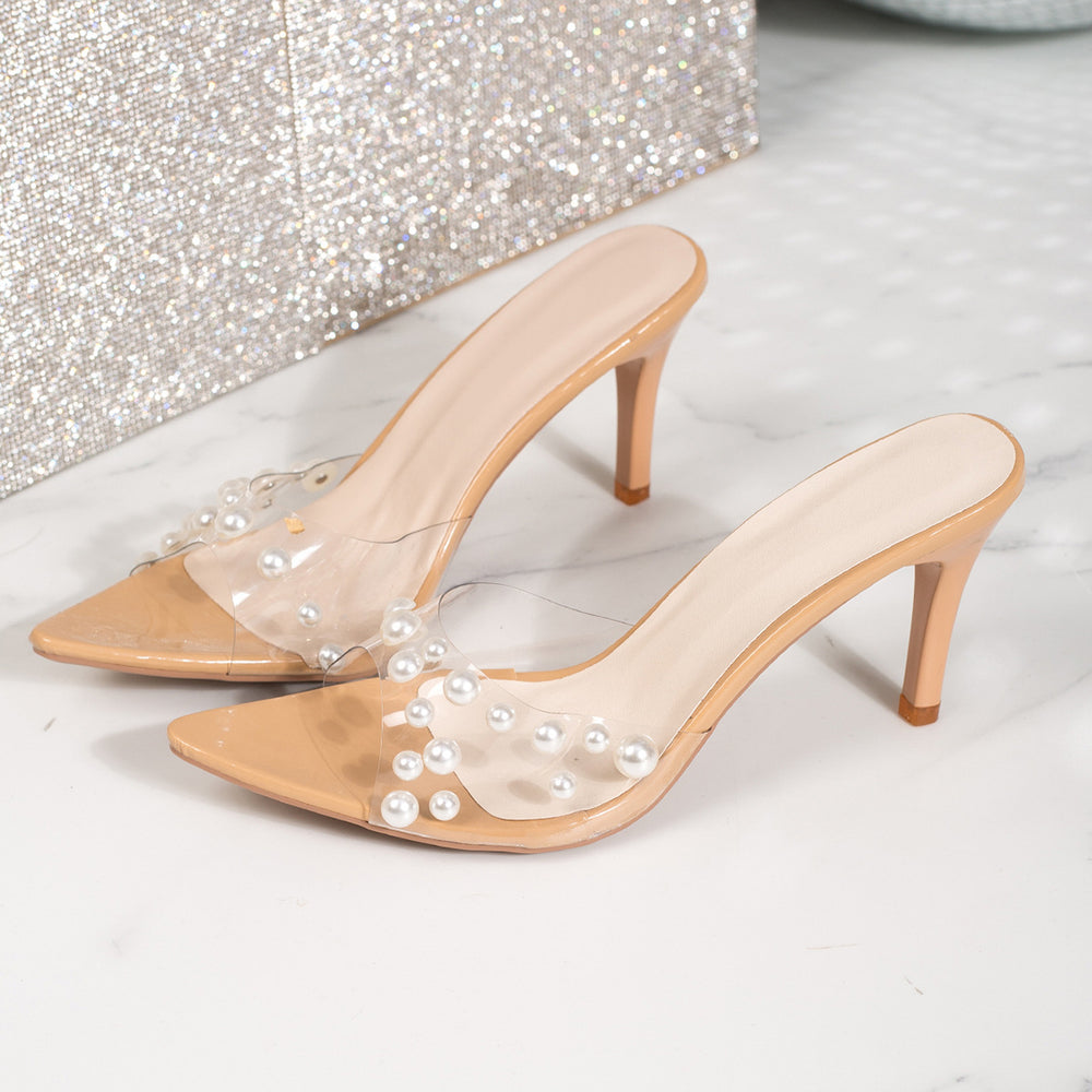 European and american plus-size heeled slippers for women, 2026 summer new arrivals: stiletto heel, fashionable and versatile, pearl-embellished single strap high heels
