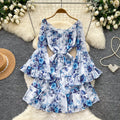 French romantic floral flared sleeve dress - women's spring/autumn cinched waist slimming tiered dress - elegant vacation style