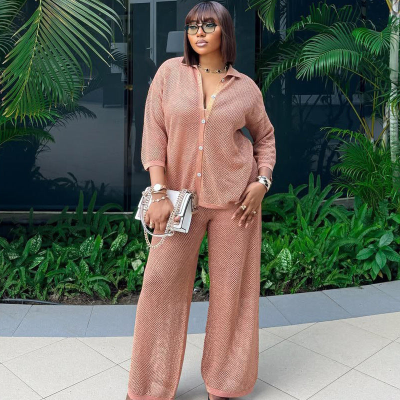 European and American large-size fashion lapel knitted cardigan wide-leg trousers two-piece set African foreign casual suit women's summer
