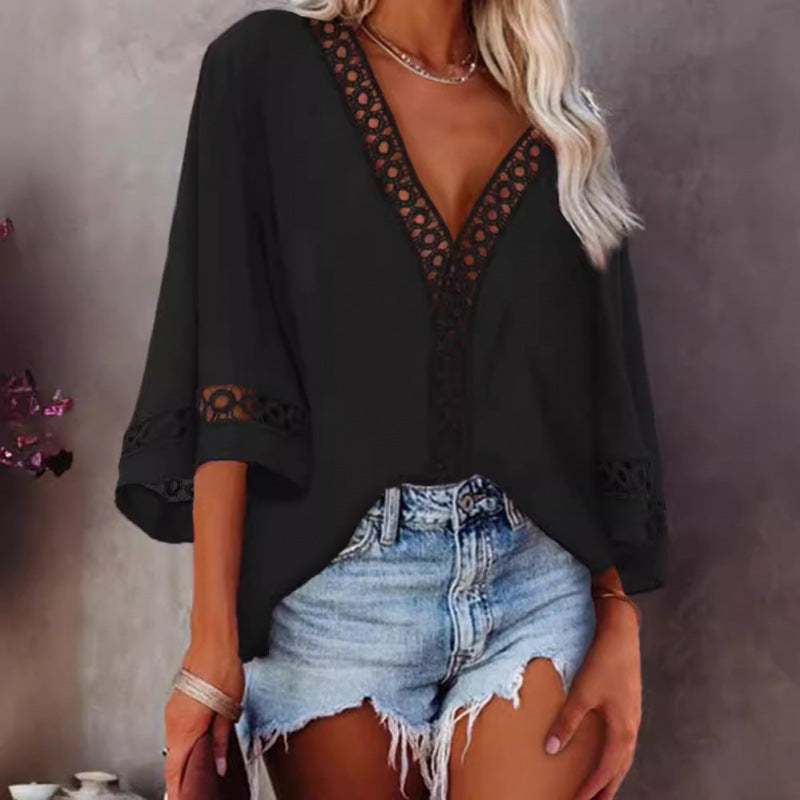 Ready-to-ship european and american style women's tops - new  blouses: v-neck hollow-out lace trim shirts