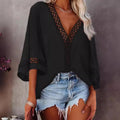 Ready-to-ship european and american style women's tops - new  blouses: v-neck hollow-out lace trim shirts