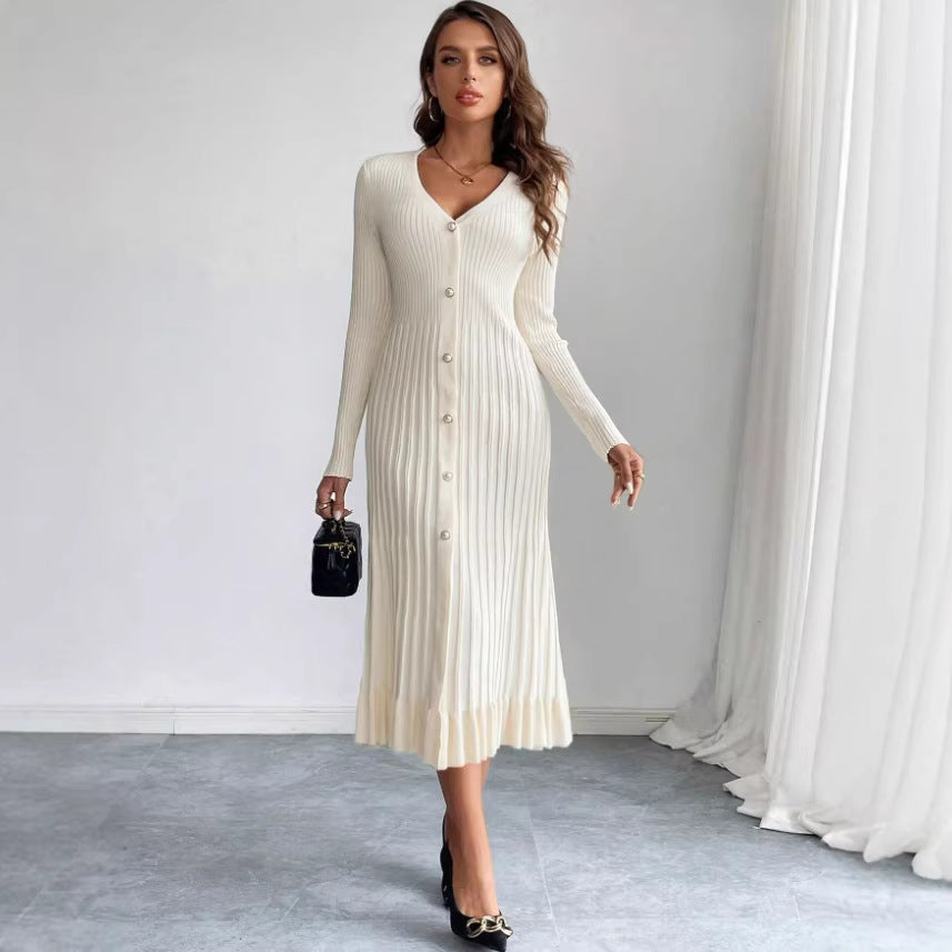 autumn new arrival slimming waist retro base layer dress with button collar knitted elegant women's mesh dress
