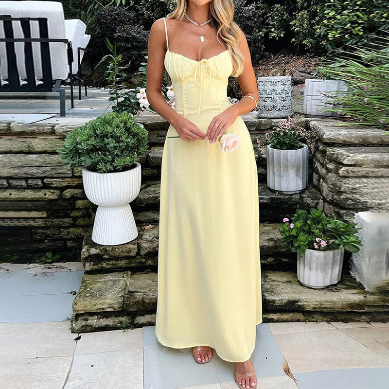 cross-border e-commerce women's fashion: european and american summer new arrivals - elegant and chic tie-waist a-line solid color midi dress