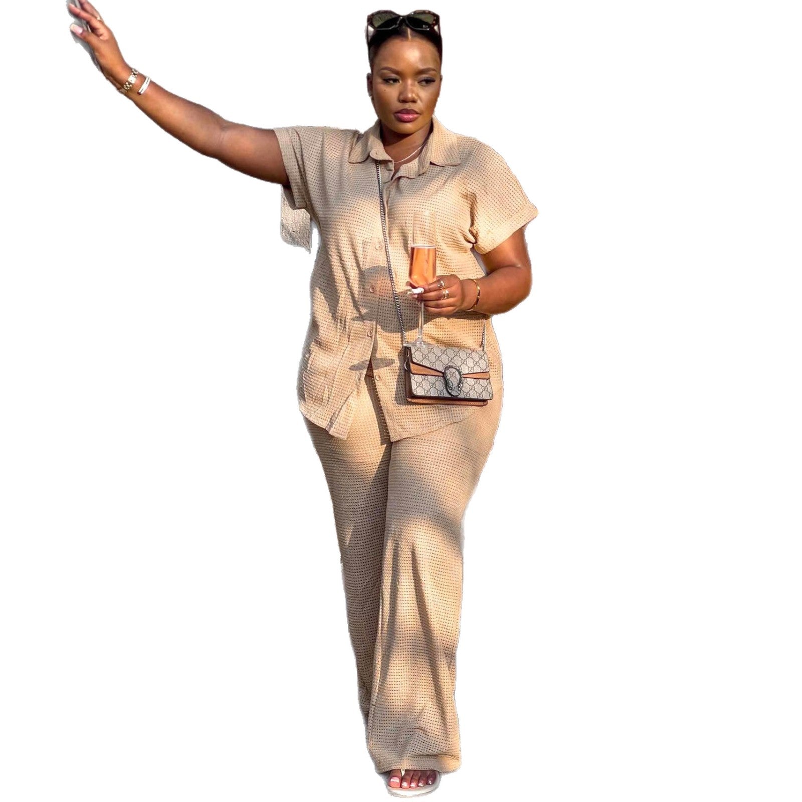 European and American large-size women's clothing solid color short-sleeved lapel cardigan shirt wide-leg trousers African foreign casual new suit