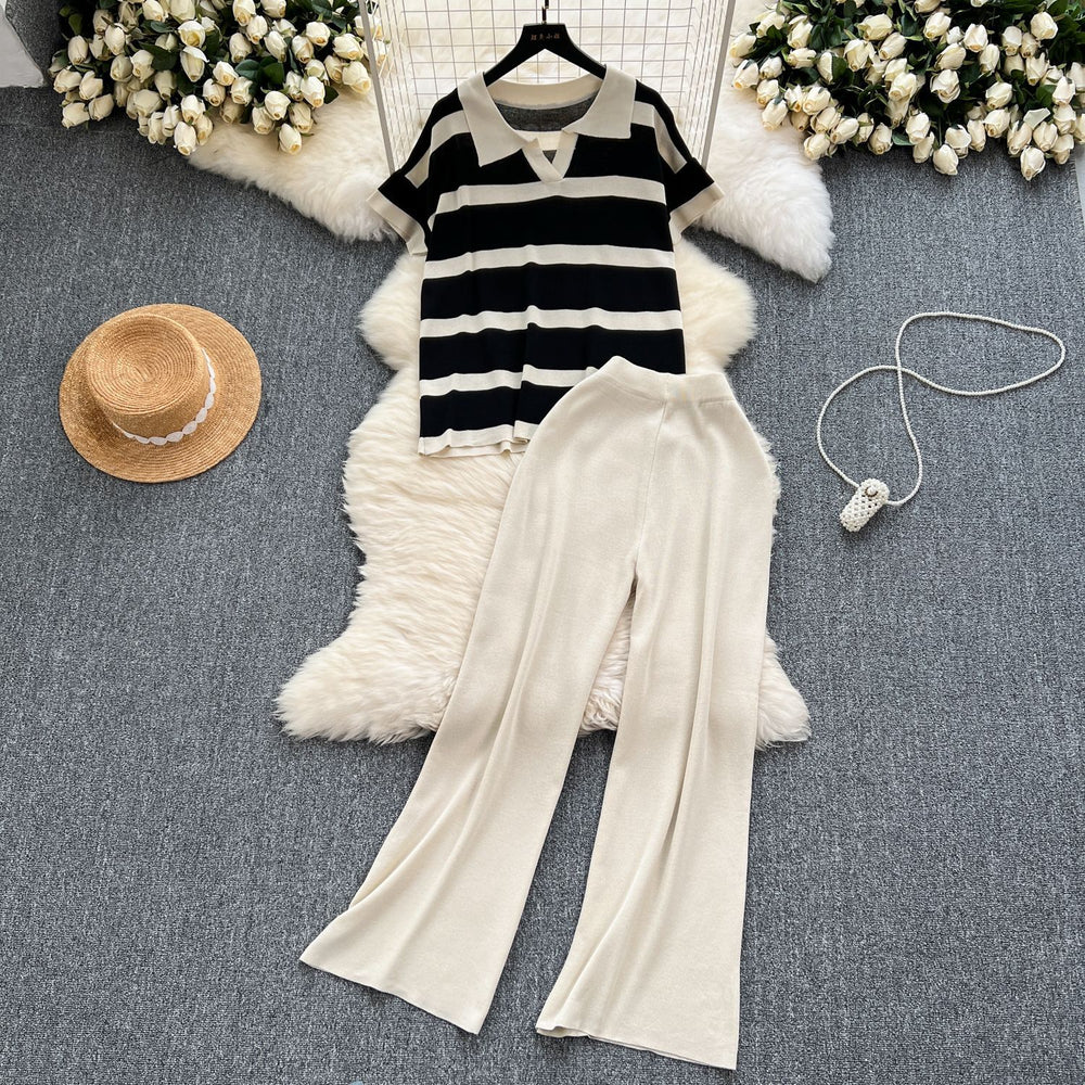 Plus size women's loungewear set: vintage striped knit top & wide-leg pants - relaxed fit, slimming two-piece casual outfit