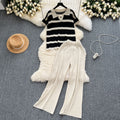 Plus size women's loungewear set: vintage striped knit top & wide-leg pants - relaxed fit, slimming two-piece casual outfit