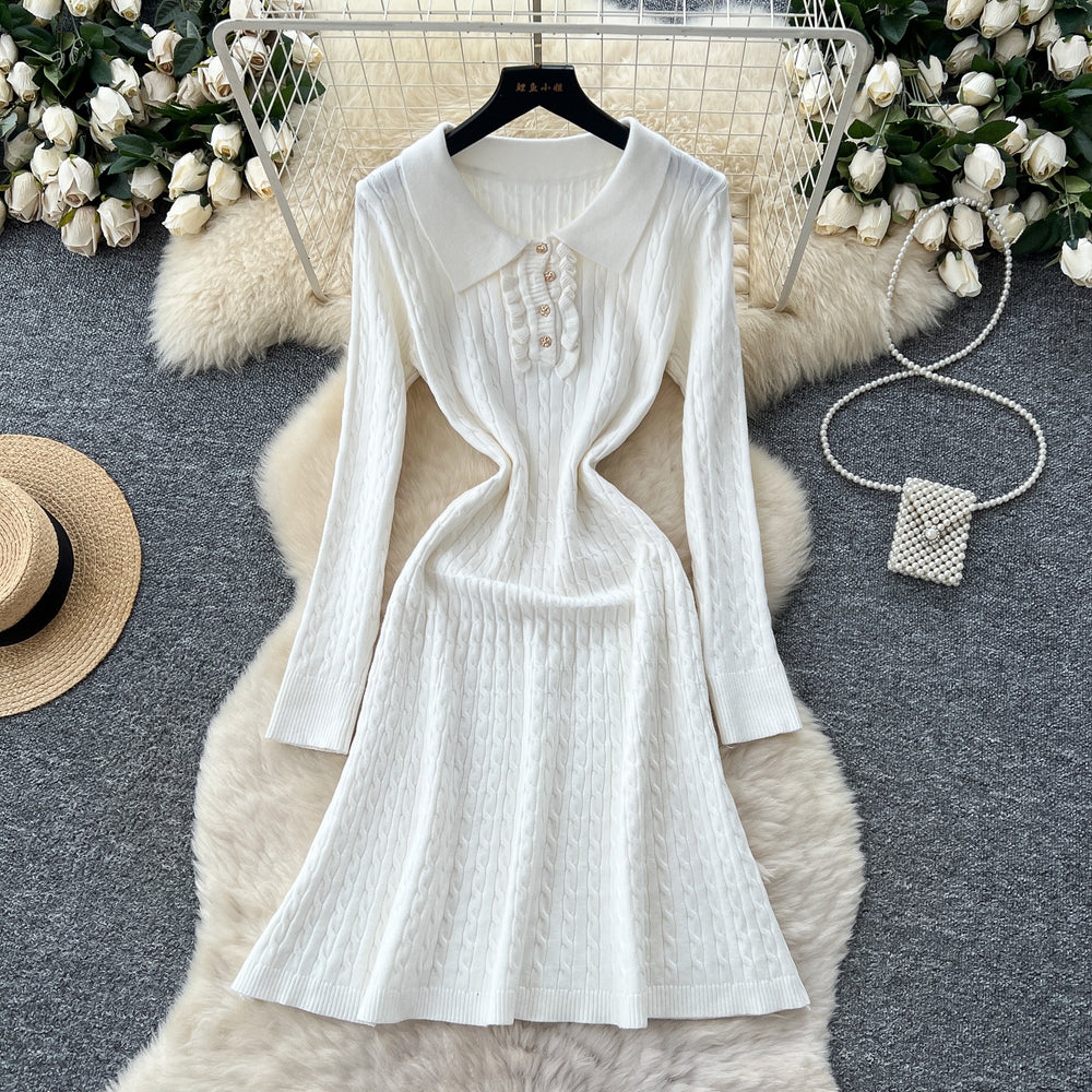 Celebrity niche styleclassy sense lapel fungus edgepatchworklong sleevesknittingdress women's autumn waist slimming looksweater skirt