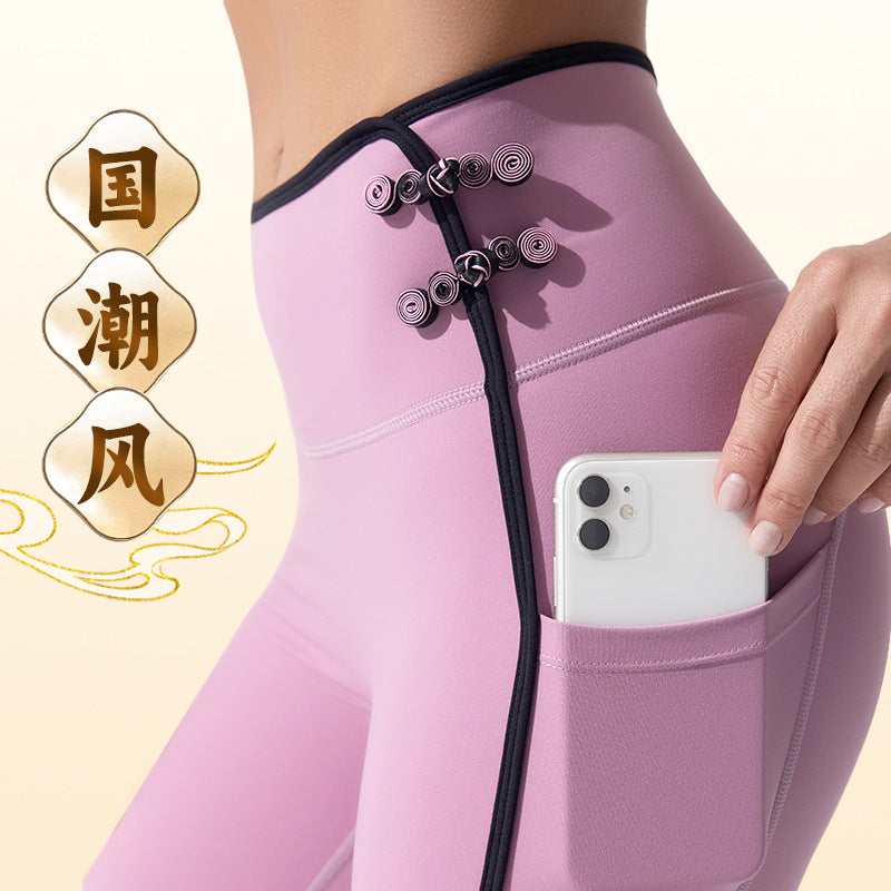 Trendy high-waisted peach lift yoga pants with chinese knot embroidery - high-stretch, chinese style fitness yoga leggings for women